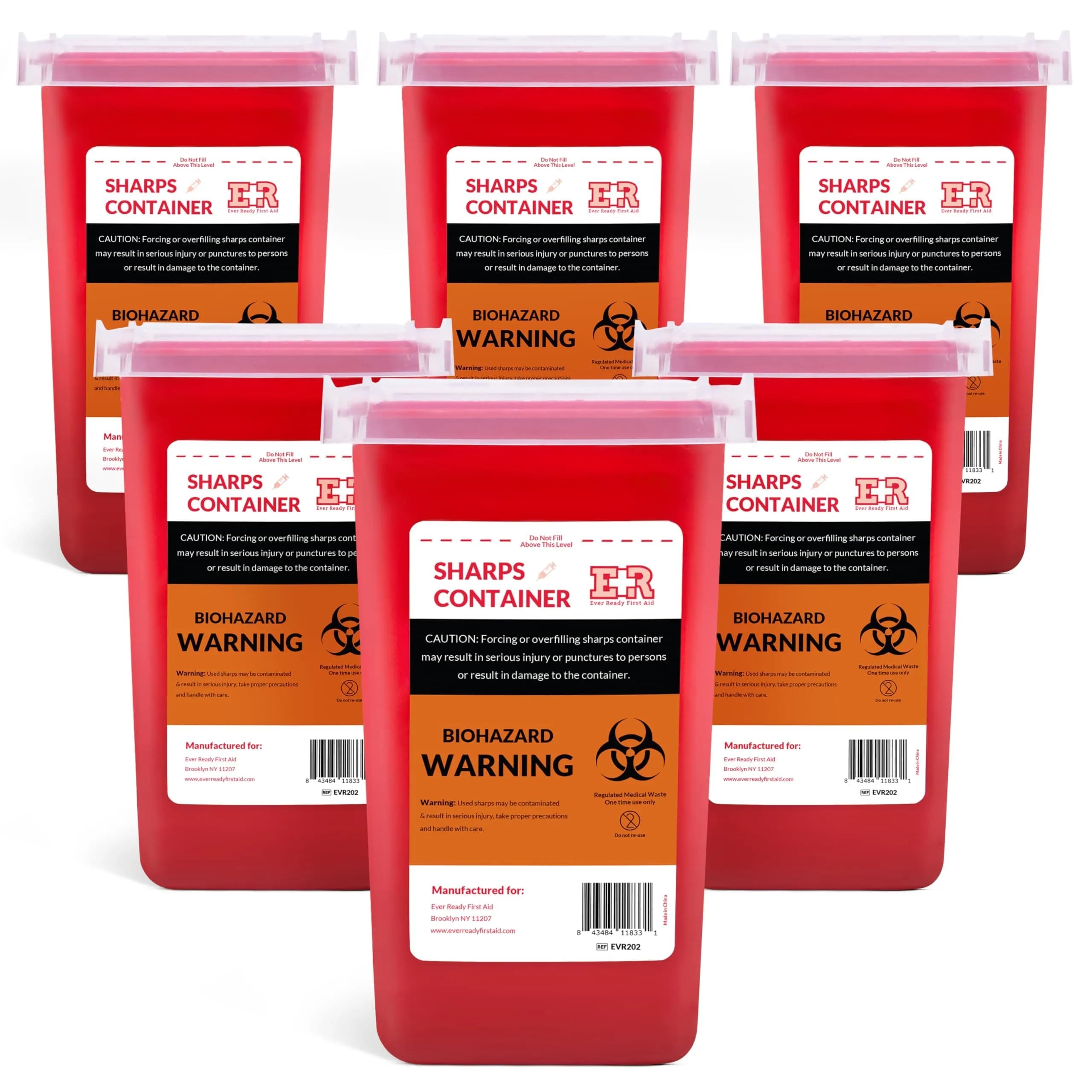 Ever Ready First Aid Sharps Container with Split Lid Design and Locking Mechanism for Sharp Waste Disposal, 1 Quart | Leak-Proof, Puncture-Resistant, Portable — Pack