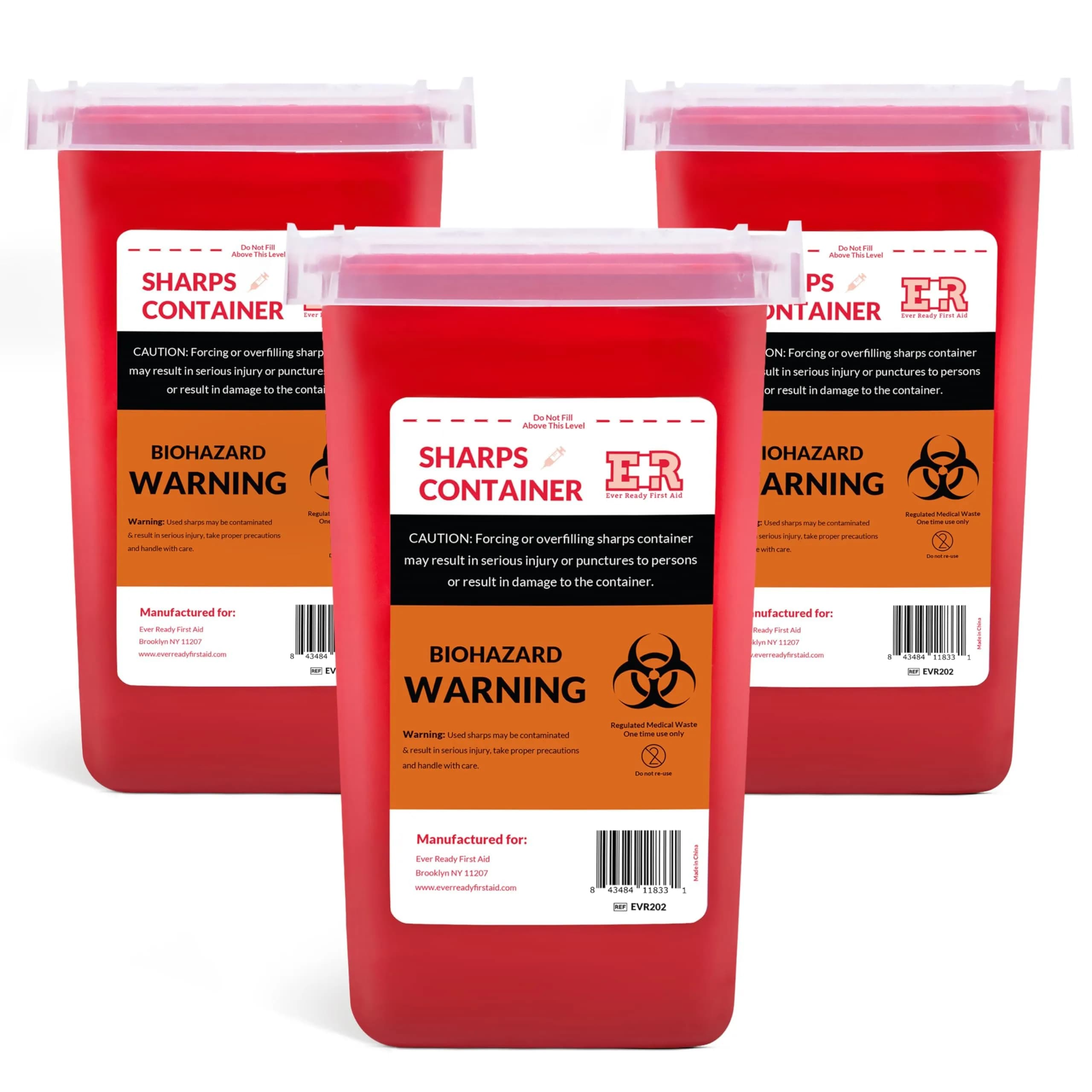 Ever Ready First Aid Sharps Container with Split Lid Design and Locking Mechanism for Sharp Waste Disposal, 1 Quart | Leak-Proof, Puncture-Resistant, Portable — Red