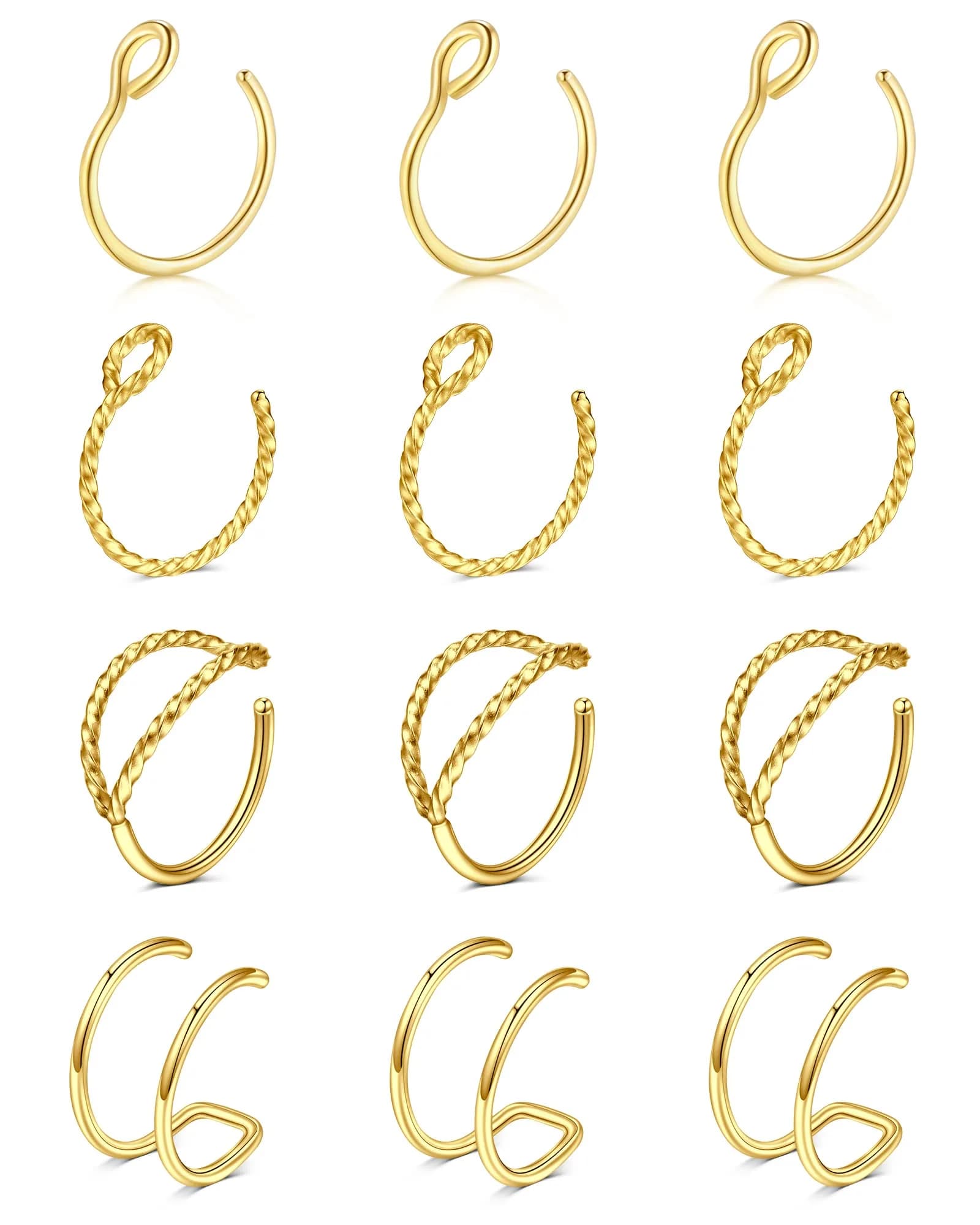 MODRSA Magnetic Nose Studs & Rings 3mm (8 Pairs) | Non-Piercing Faux Jewelry — 16-4 styles hoops-gold