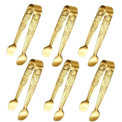 Sunenlyst Gold 6PCS Mini Serving Tongs 10.5 cm (4.13 Inch) | Stainless Steel Appetizer Tongs for Parties thumbnail 1
