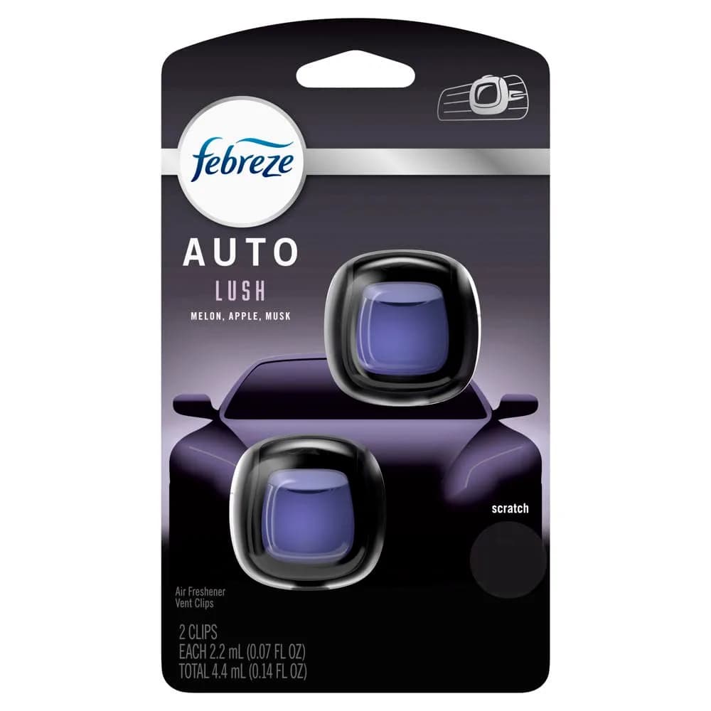 Febreze Car Vent Clip Air Freshener, Lush Scent, 2 Clips (0.14 Fl Oz / 4.4ml) | Eliminates Odors for Up to 80 Days