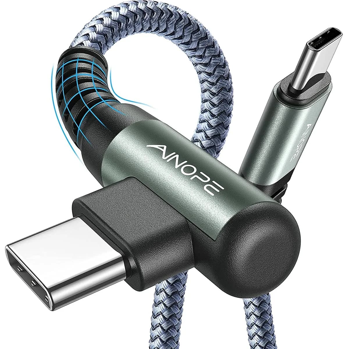 AINOPE 6.6ft Rose Red USB C to USB C Cable - 2 Pack Right Angle Fast Charging & Data Transfer — Grey / 16.4FT