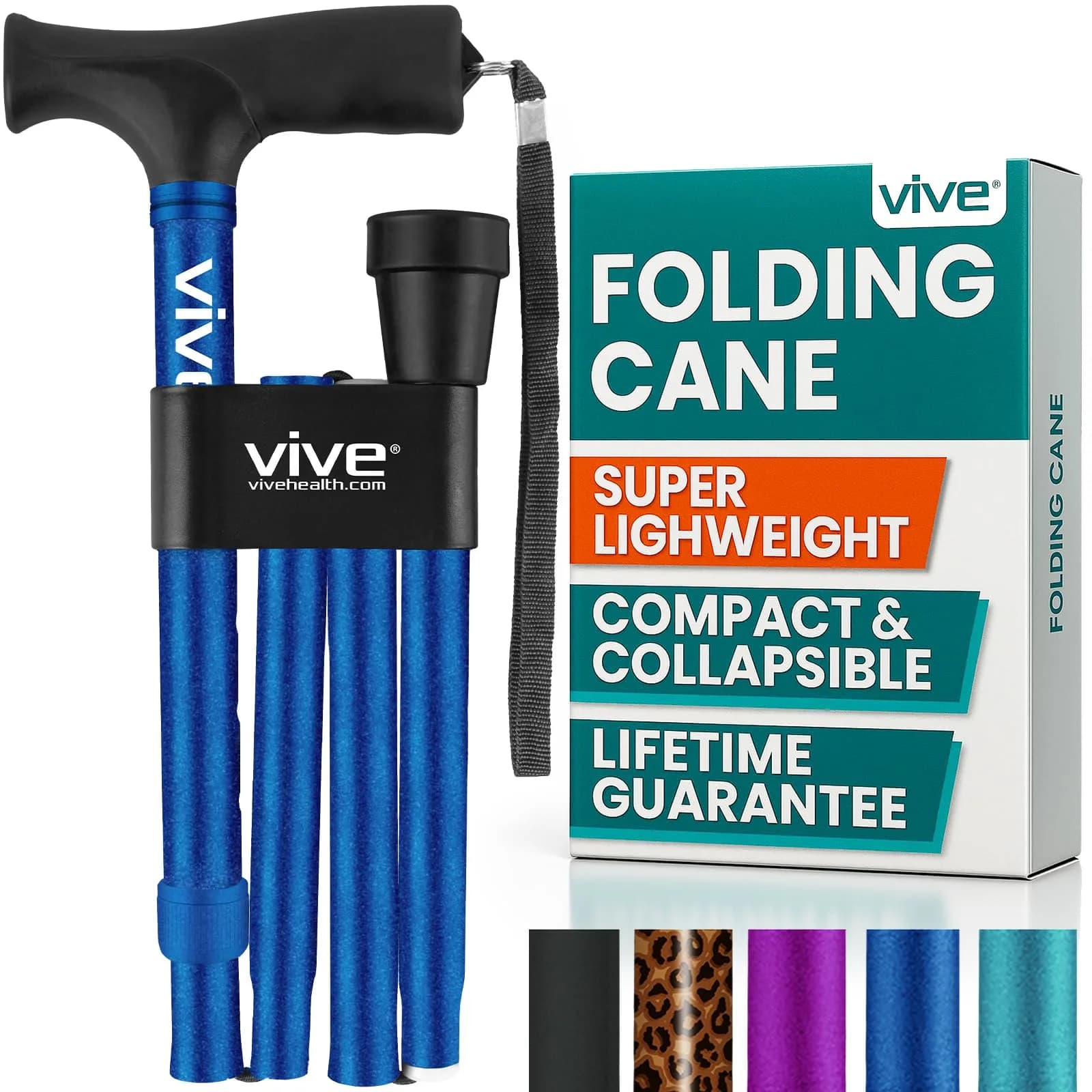 Vive Folding Cane - Foldable Walking Cane with Ergonomic Grip & Wrist Strap, Adjustable 33"-37", 8oz, Blue