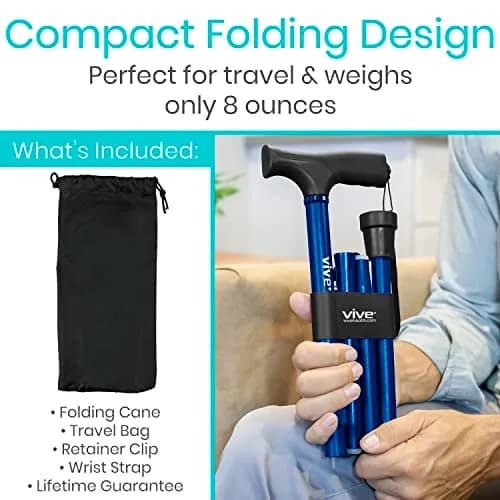 Vive Folding Cane - Foldable Walking Cane with Ergonomic Grip & Wrist Strap, Adjustable 33"-37", 8oz, Blue thumbnail 2