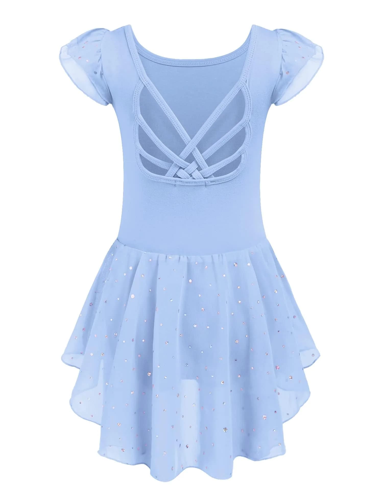 Arshiner Girls Ruffle Sleeve Ballet Leotard Dress with Skirt for Dance, Blue, 8-9 Years | Sparkle Double Layer Ruffle Sleeve - main product image