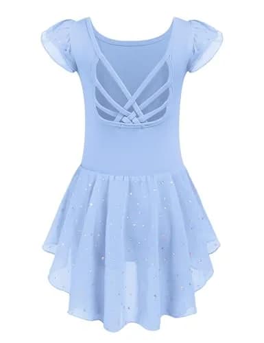 Arshiner Girls Ruffle Sleeve Ballet Leotard Dress with Skirt for Dance, Blue, 8-9 Years | Sparkle Double Layer Ruffle Sleeve thumbnail 1