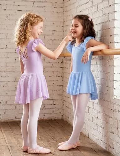 Arshiner Girls Ruffle Sleeve Ballet Leotard Dress with Skirt for Dance, Blue, 8-9 Years | Sparkle Double Layer Ruffle Sleeve thumbnail 5