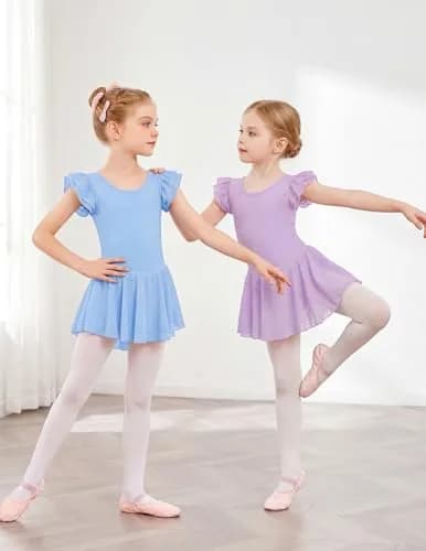 Arshiner Girls Ruffle Sleeve Ballet Leotard Dress with Skirt for Dance, Blue, 8-9 Years | Sparkle Double Layer Ruffle Sleeve thumbnail 6