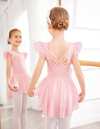 Arshiner Girls Ruffle Sleeve Ballet Leotard Dress with Skirt - Ballet Pink, 4-5T | High Stretch Dancewear thumbnail 4