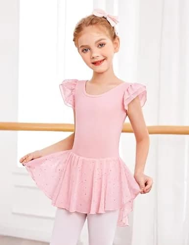 Arshiner Girls Ruffle Sleeve Ballet Leotard Dress with Skirt - Ballet Pink, 4-5T | High Stretch Dancewear thumbnail 3