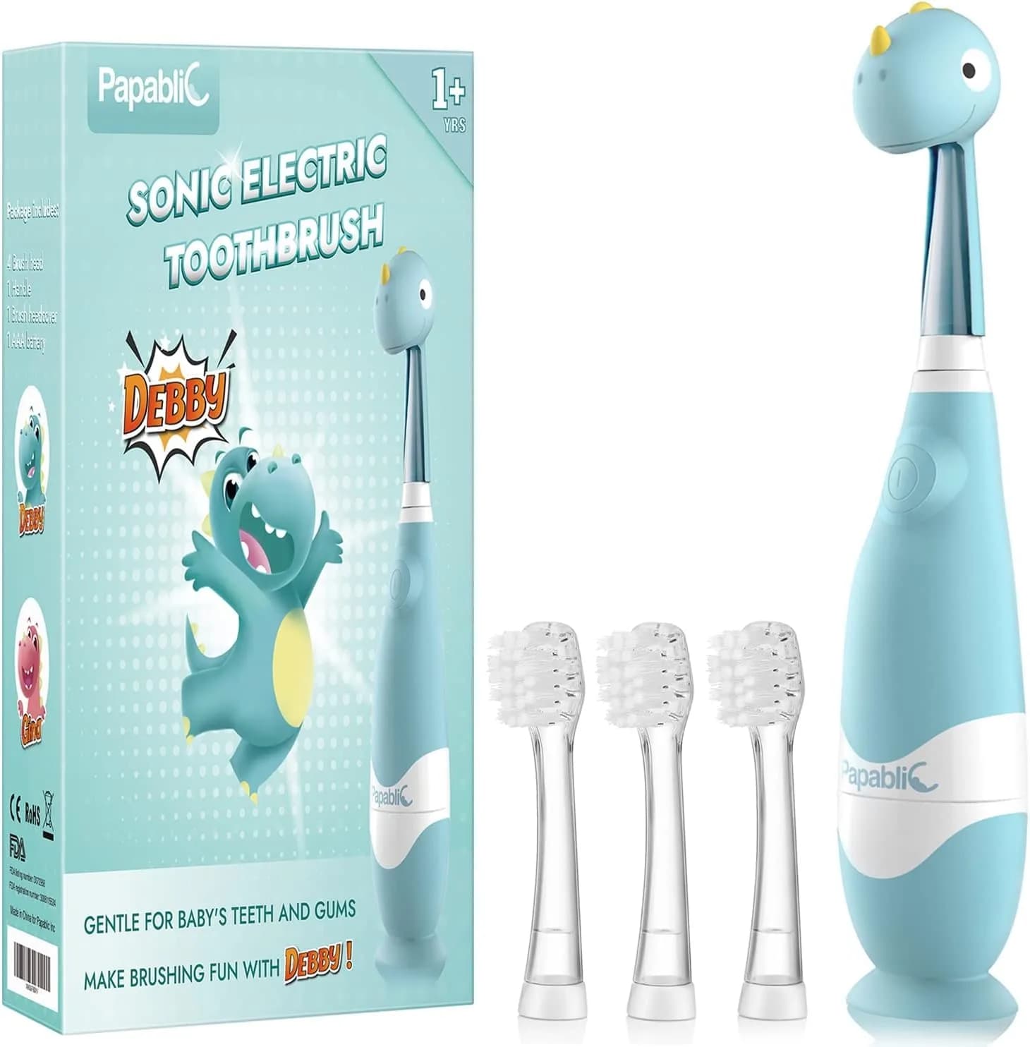 Papablic Debby Toddler Sonic Electric Toothbrush for Ages 1-3, Blue Dino with 4 Brush Heads | Gentle Sonic Vibrations & Smart Timer - main product image