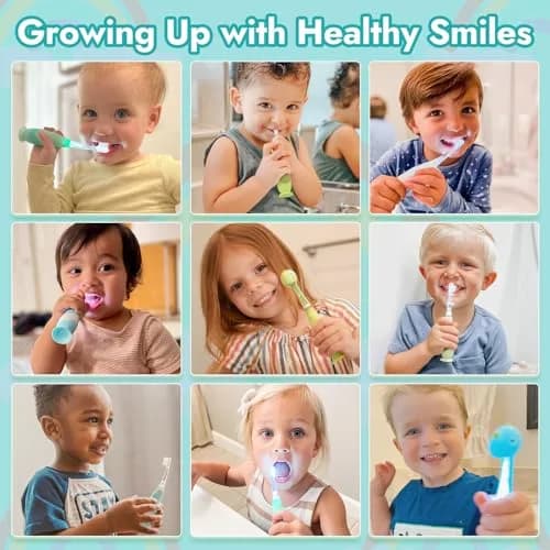 Papablic Debby Toddler Sonic Electric Toothbrush for Ages 1-3, Blue Dino with 4 Brush Heads | Gentle Sonic Vibrations & Smart Timer thumbnail 7