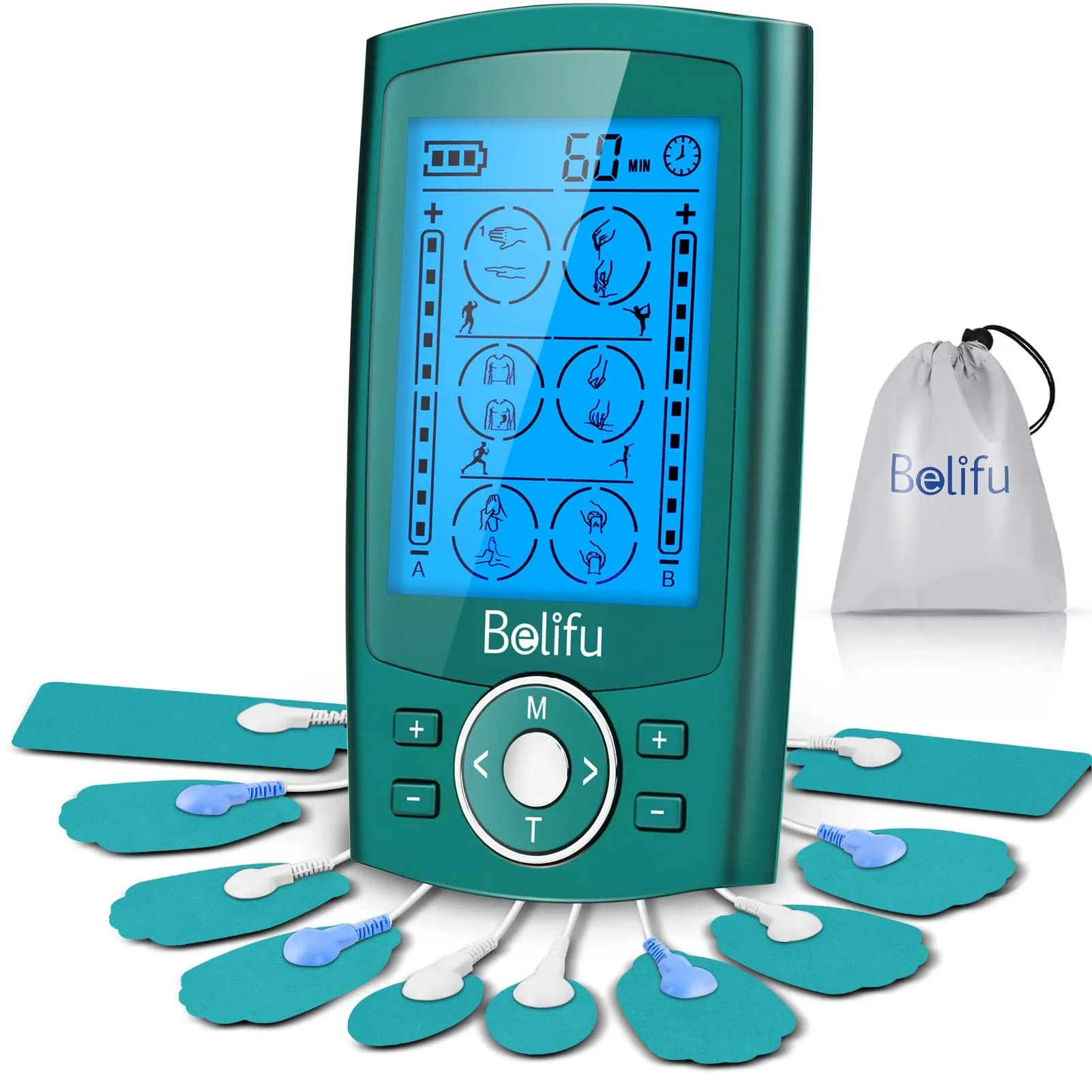Belifu Dual Channel TENS EMS Unit with 24 Modes & 20 Intensity Levels | Rechargeable Muscle Stimulator for Pain Relief Therapy