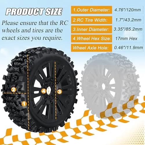 RC Station 1/8 Scale RC Buggy Tires 17mm Hex Wheels (120mm x 42mm) | Off-Road Grip for Arrma, Losi, HPI thumbnail 2
