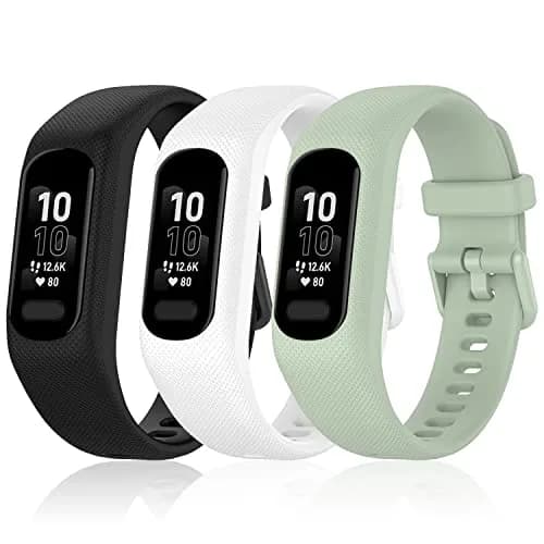 Gheper Soft Silicone Bands Compatible with Garmin Vivosmart 5 Straps 18mm (3 Pack, Black/White/Mint) | Secure Metal Clasp Buckle thumbnail 2