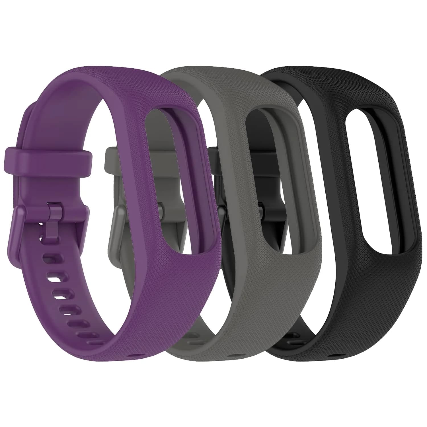Gheper Soft Silicone Bands Compatible with Garmin Vivosmart 5 Straps 18mm (3 Pack, Black/White/Mint) | Secure Metal Clasp Buckle — Purple,Grey,Black