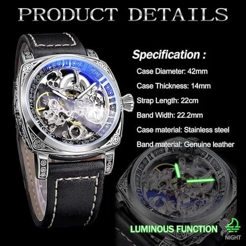 FORSINING Square Luxury Retro Mechanical Watch for Men 42mm (1.65in) | Automatic Self-Wind thumbnail 6