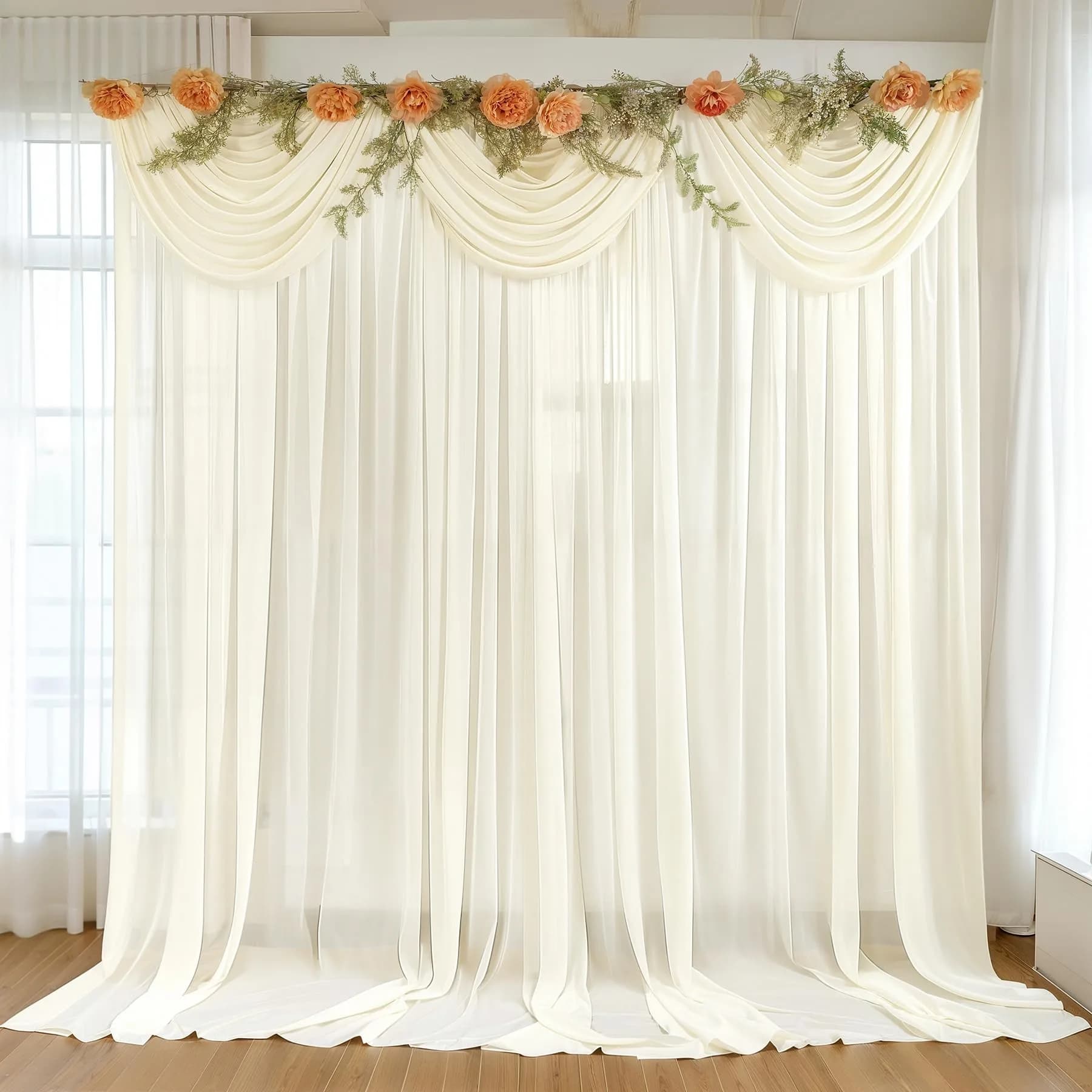 Wish Care 10ft x 10ft Ivory Sheer Chiffon Backdrop Curtain Drapes (2 Panels, 3m x 3m) | Wrinkle-Free Fabric for Weddings & Events - main product image