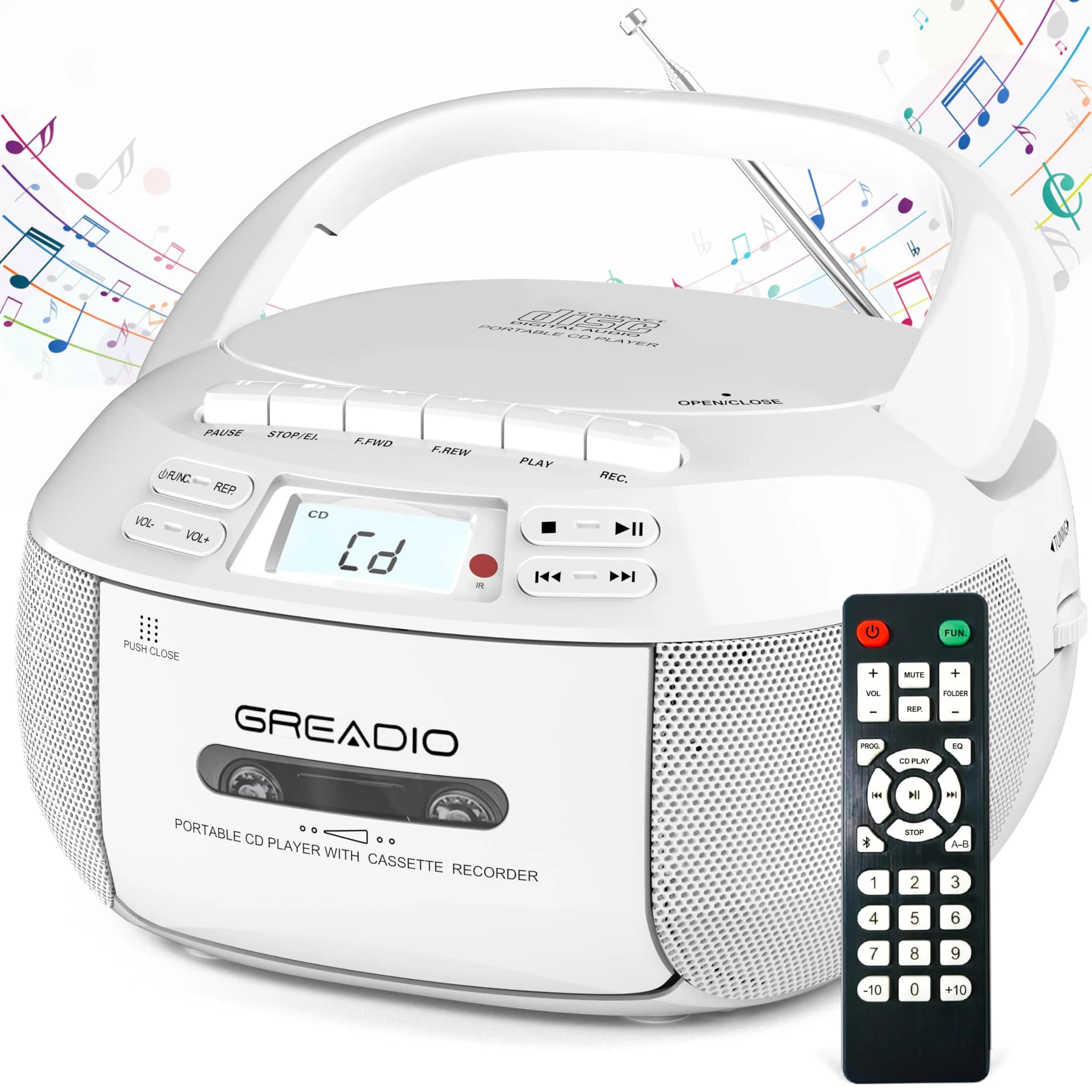 Greadio CD Player Boombox Cassette Player Combo with Bluetooth, AM/FM Radio | 3W Dual Speakers, Portable, Classic Design - main product image