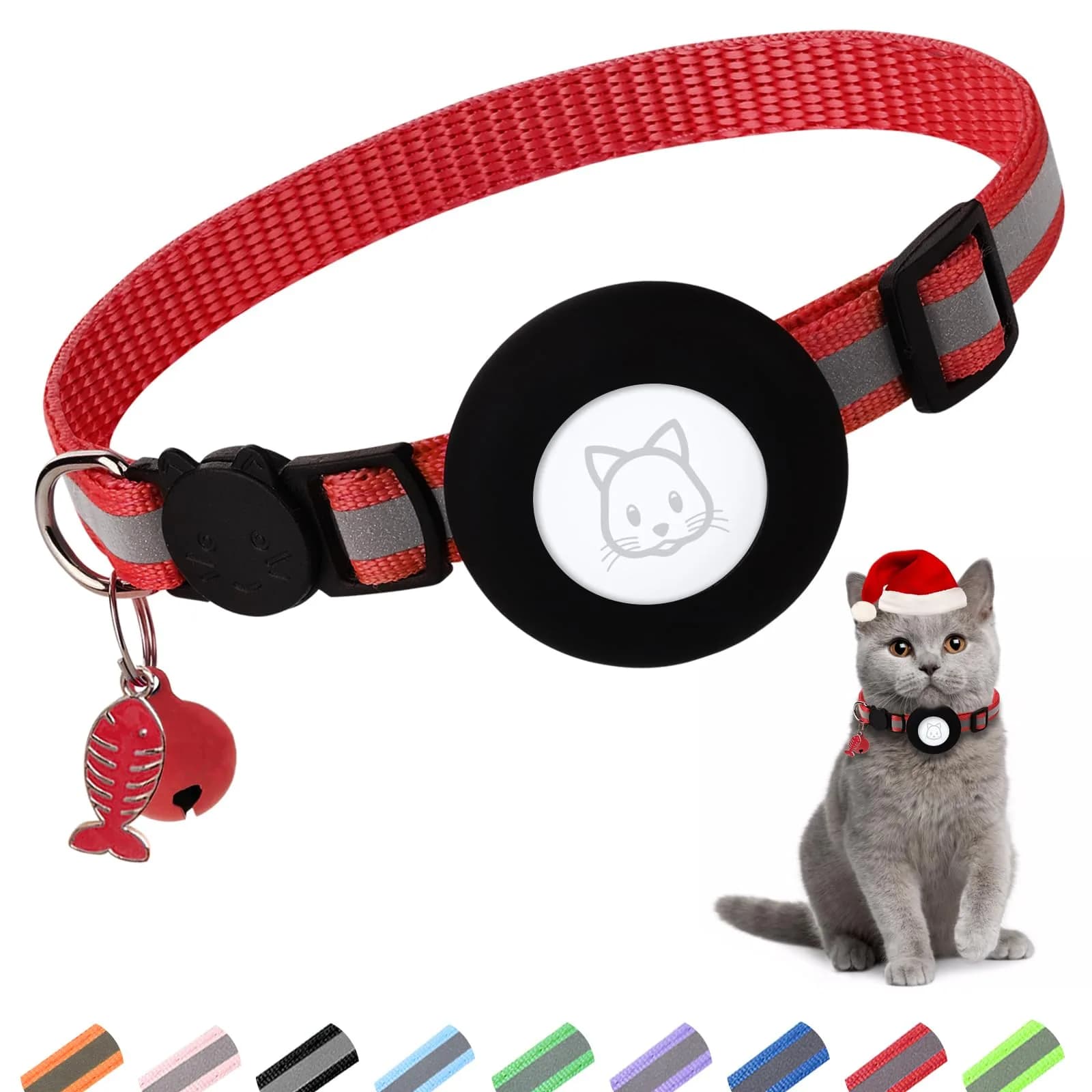 SimpleThings Orange Airtag Cat Collar with Bell & Safety Buckle | Reflective Nylon, Adjustable 22-35cm — Red