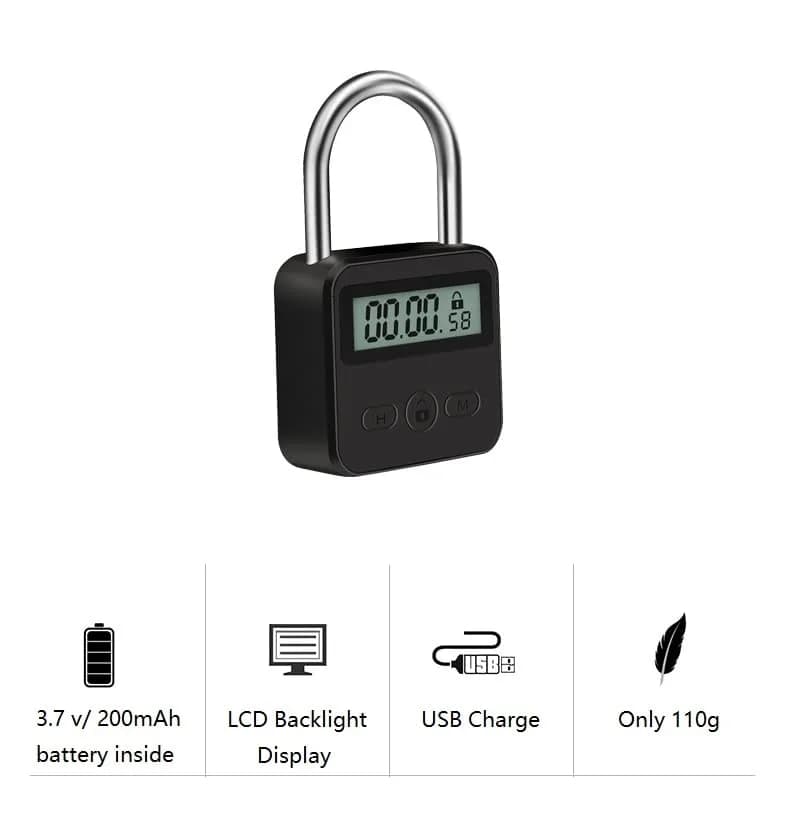 Enajucy Metal Timer Lock Black | Rechargeable Electronic Time Padlock with LCD Display thumbnail 5