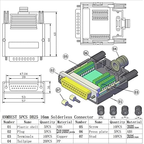 ANMBEST DB25 Solderless Terminal Adapter Female 5PCS | 3.81mm Pin Pitch, 16mm Thin Module thumbnail 6