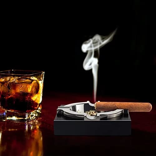 OILP Cigar Ashtray with Solid Wood Base & Metal Tray | Modern Black Design for Home/Office thumbnail 2