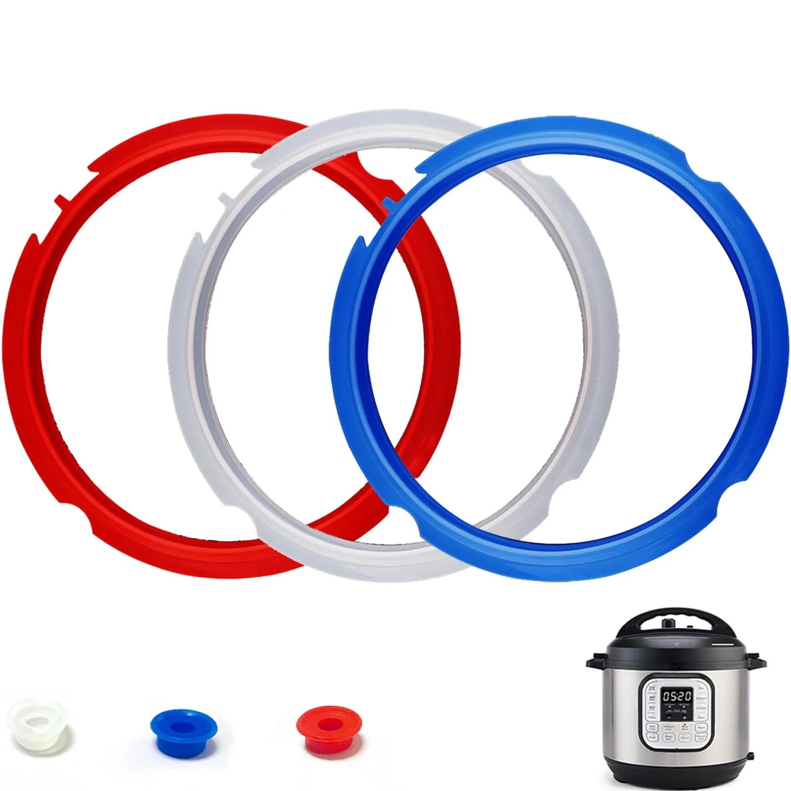 Fuator Silicone Sealing Ring for Instant Pot 6Qt (2 Pack) | Float Valve Caps Included — red/clear/blue