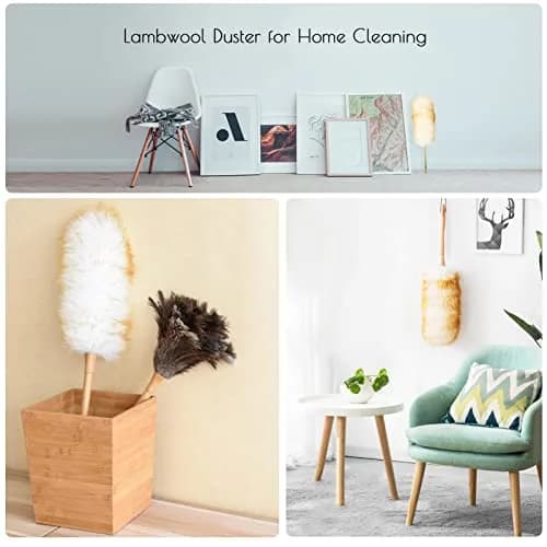 iHUFeather Lambswool Duster 14'' Length Solid Wooden Handle Leather Hang Strap for Cleaning Ceiling Fans Window Blinds Computer Furniture Figurines TV | Soft Lamb Wool Dusting Tool thumbnail 5