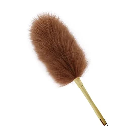 iHUFeather Lambswool Duster 16'' Length Solid Wooden Handle Leather Hang Strap for Cleaning Ceiling Fans Window Blinds Computer Furniture Figurines TV Brown | Soft Lamb Wool Dusting Tool thumbnail 1