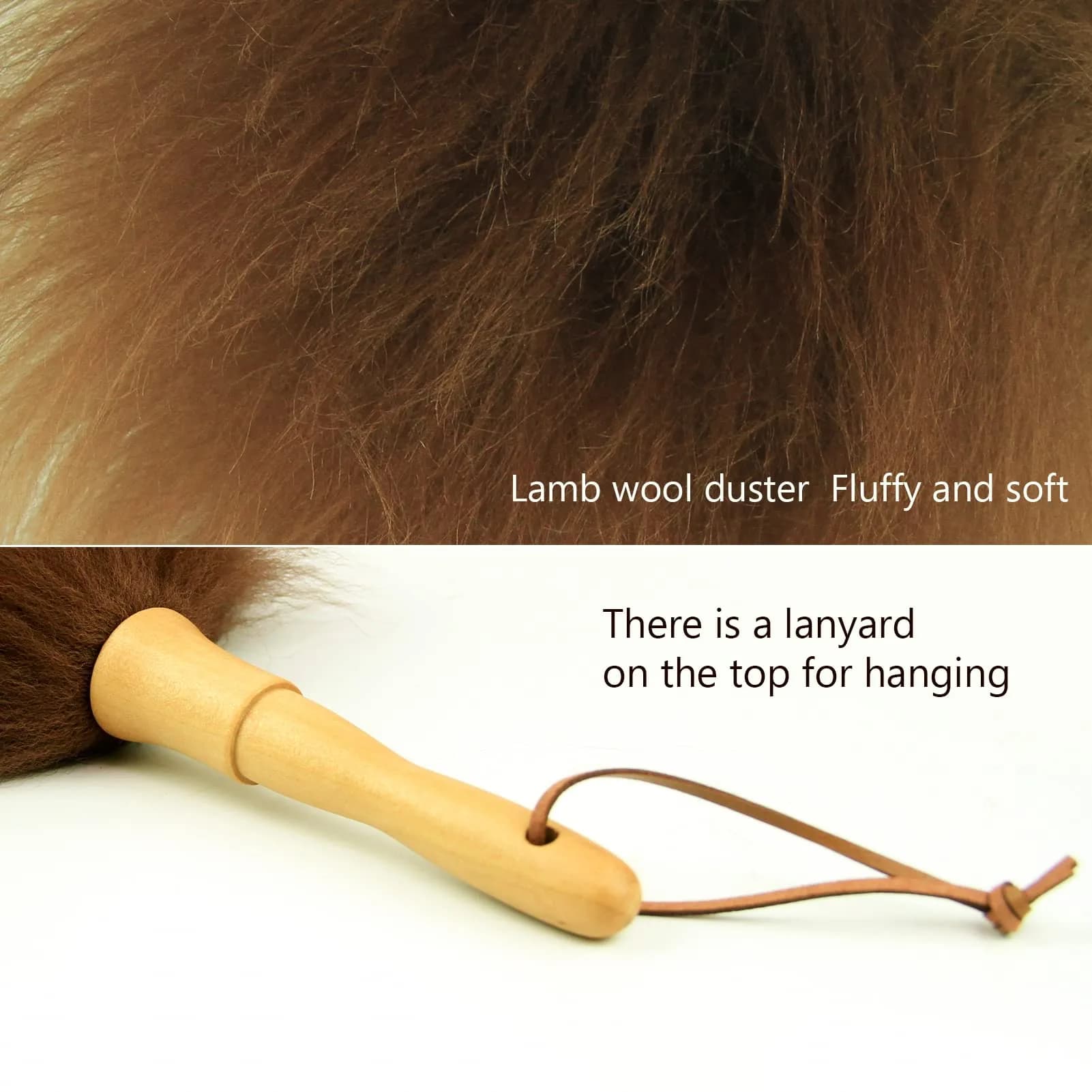 iHUFeather Lambswool Duster 16'' Length Solid Wooden Handle Leather Hang Strap for Cleaning Ceiling Fans Window Blinds Computer Furniture Figurines TV Brown | Soft Lamb Wool Dusting Tool - view 3
