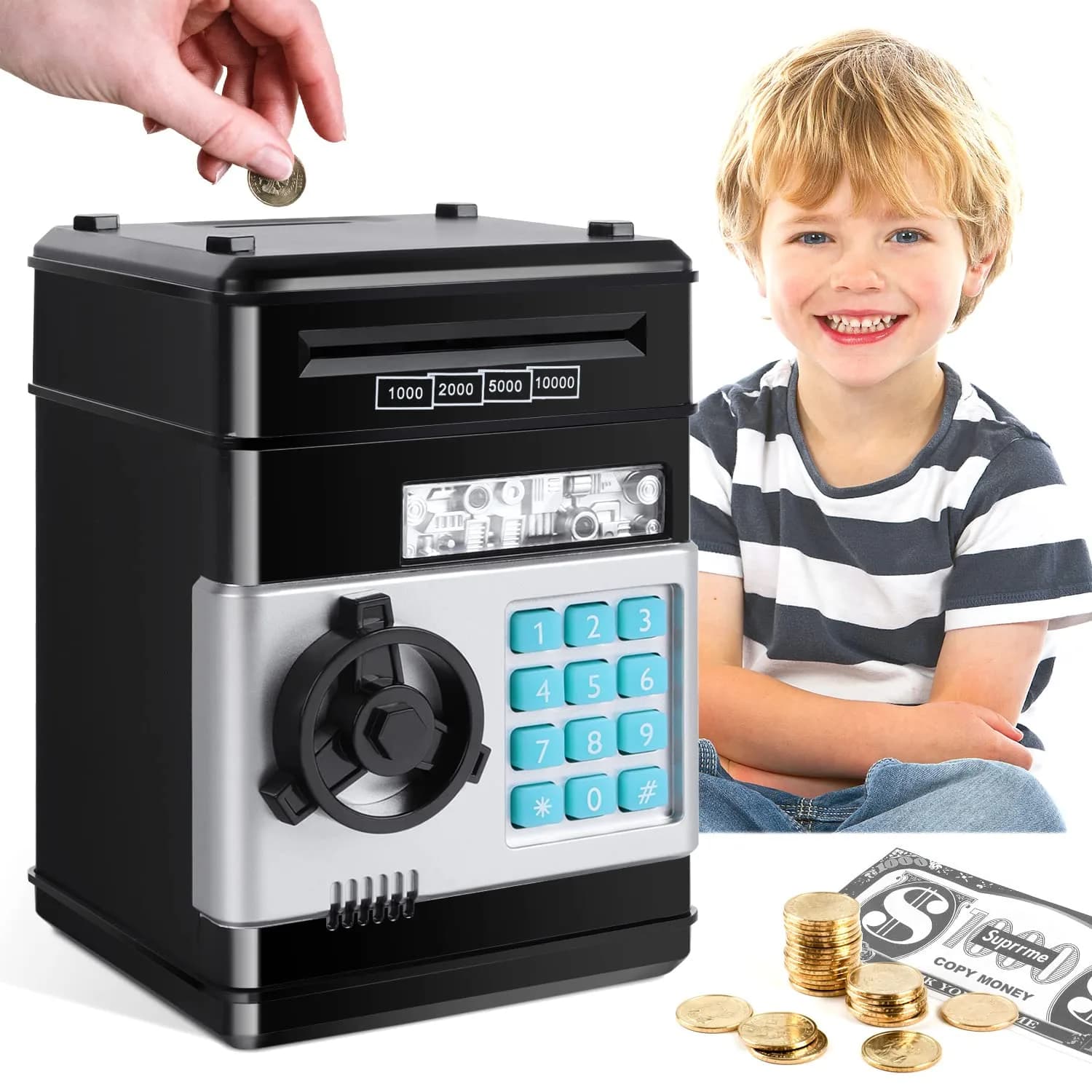 GuDoQi Pink Electronic Piggy Bank for Kids 3-10 Years | Mini ATM Money Saving Box with Password Protection — Black J