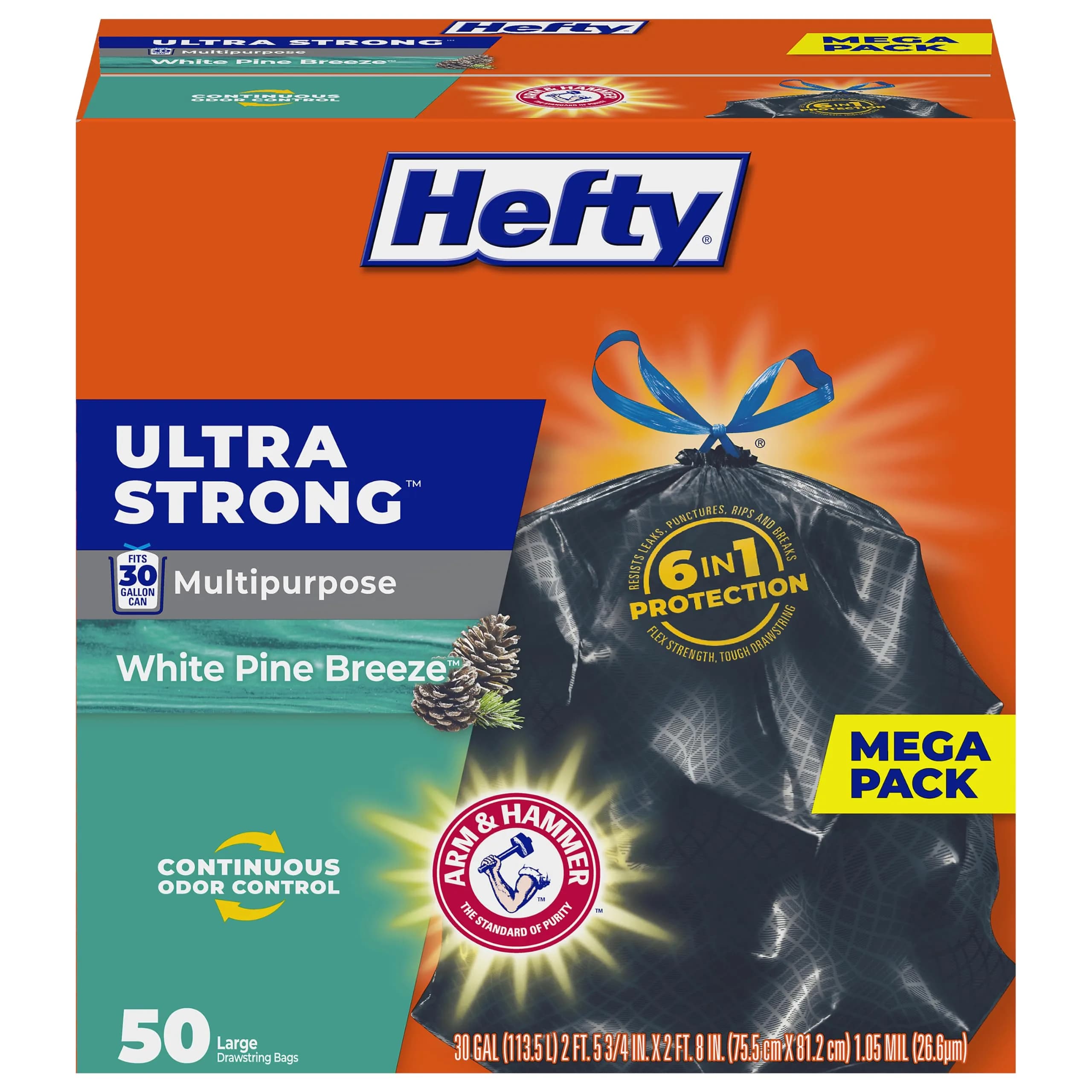Hefty Ultra Strong 30 Gallon Trash Bags, Black, White Pine Breeze, 50 Count (1.91 kg) | 6-in-1 Protection - main product image