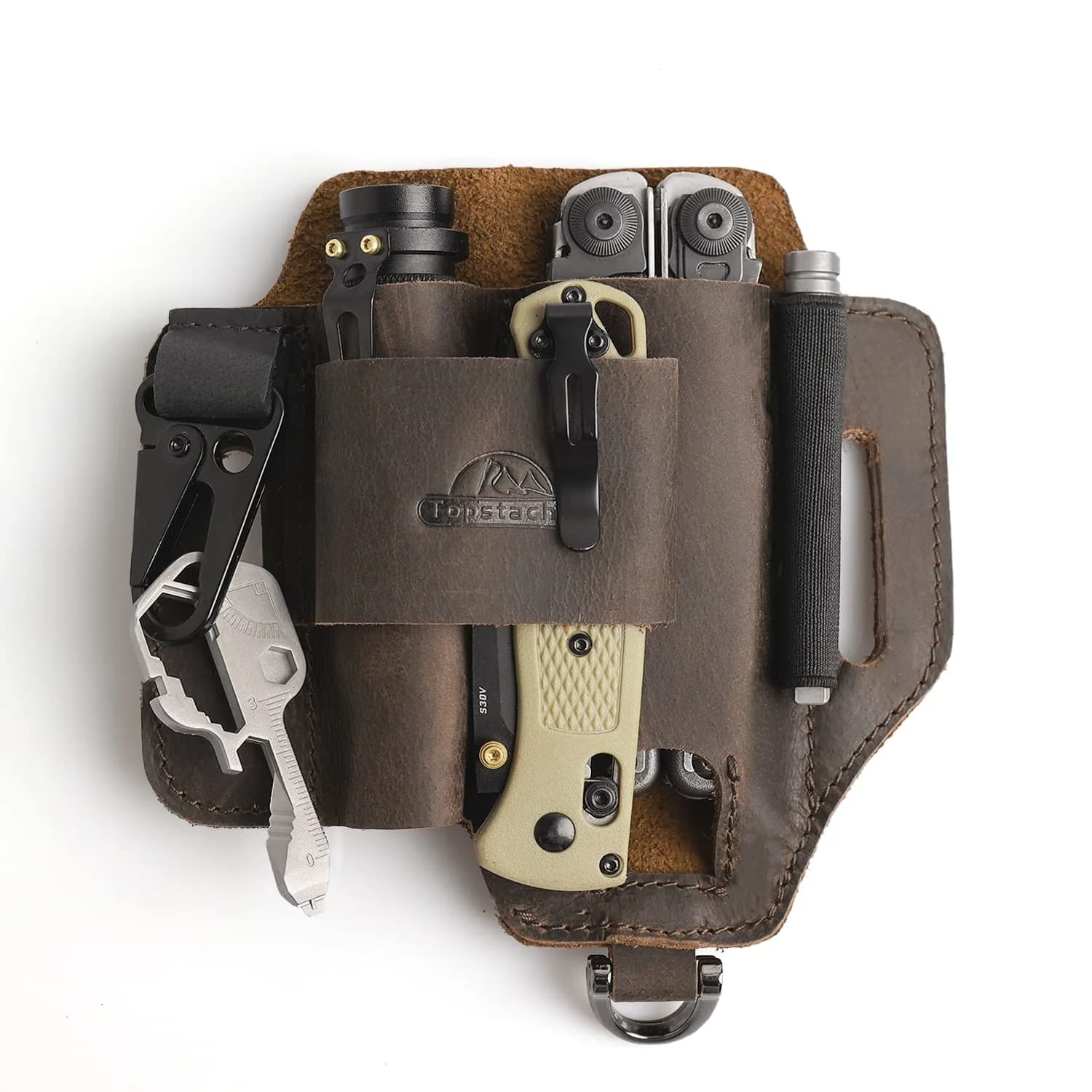 Topstache Leather Multitool Sheath with Belt Loop for Flashlight and Pen | Dark Brown (15.75cm x 14.73cm x 2.54cm)