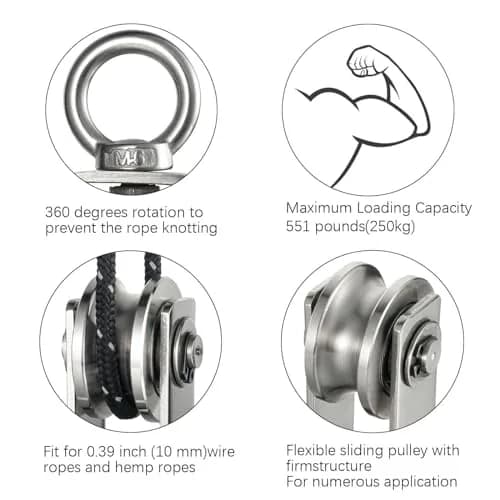 SHINICO M34 Pulley Wheel with Carabiner, 250 kg (551 lbs) Load Capacity | Stainless Steel, Smooth Silent Bearings thumbnail 5