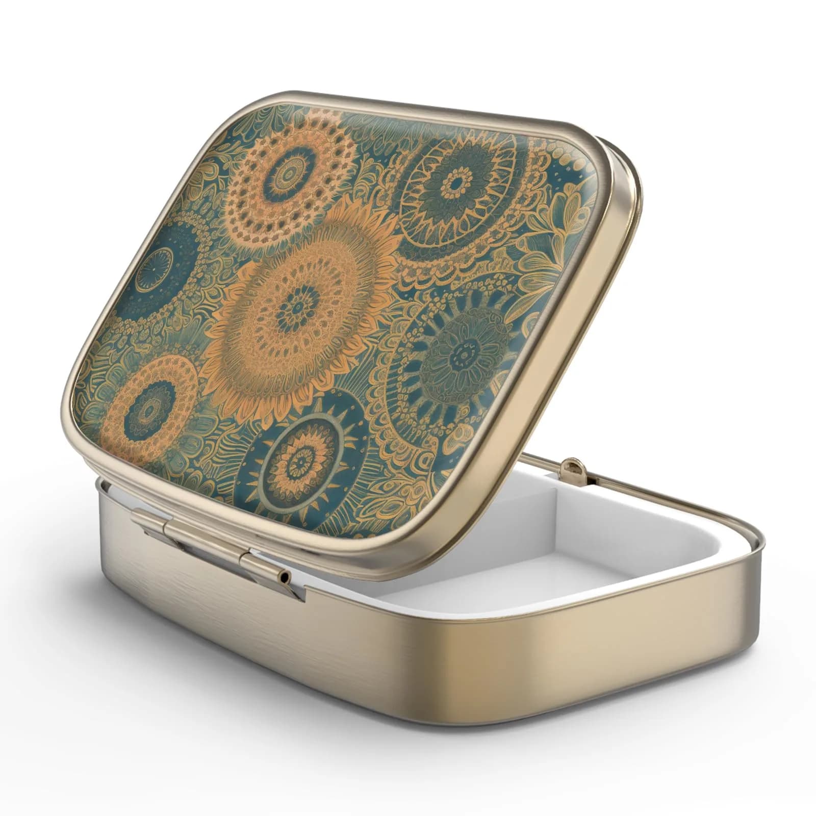 Hion White Blue Marble Retro Pill Case with Mirror & 2 Compartments | Portable Travel Pill Box for Purse or Pocket — F-11-retro Mandala / 1 piece