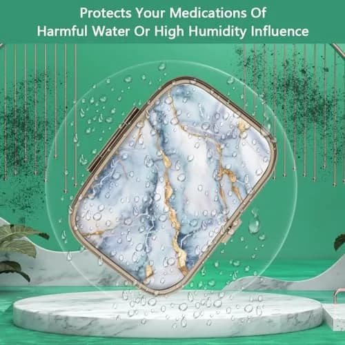 Hion White Blue Marble Retro Pill Case with Mirror & 2 Compartments | Portable Travel Pill Box for Purse or Pocket thumbnail 2