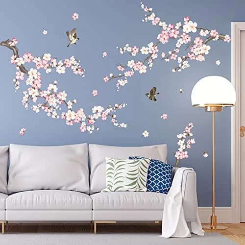wondever Pink Cherry Blossom Wall Decals 9 Sheets | Floral Wall Art Stickers for Home Decor thumbnail 1