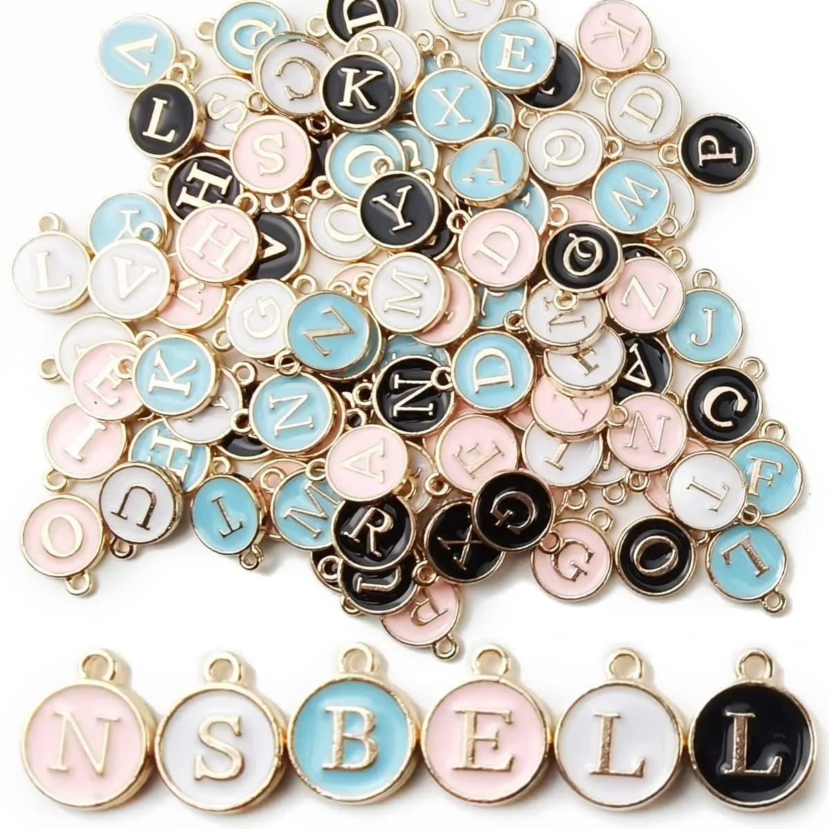 NSBELL 104PCS Letter Charms for Jewelry Making - Double Sided Alphabet Charms 0.5 inch (1.27 cm) Diameter