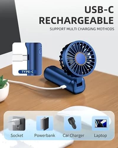 FrSara Portable Handheld Fan Rechargeable Blue | 3-Speed Mini Folding Desk Fan with 4000mAh Battery thumbnail 4
