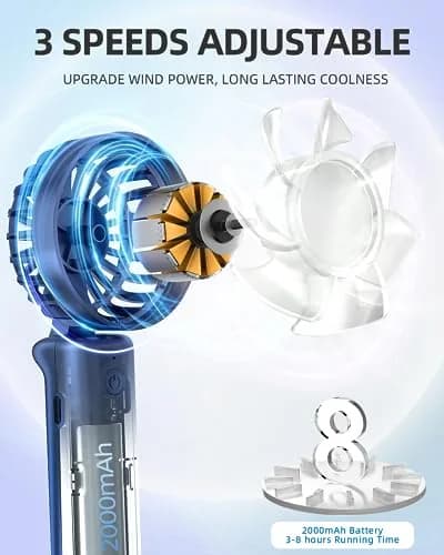 FrSara Portable Handheld Fan Rechargeable Blue | 3-Speed Mini Folding Desk Fan with 4000mAh Battery thumbnail 2