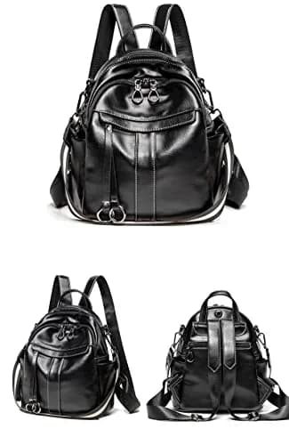 Mn&Sue Medium Black Leather Backpack Purse for Women | Fashion Shoulder Bag Rucksack 28cm (11" x 5.5" x 11.8") thumbnail 3