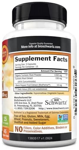 BioSchwartz Turmeric Curcumin 1500mg Capsules with Black Pepper Extract | 45 Count (1350mg Turmeric Root, 150mg Curcuminoids, 10mg BioPerine) thumbnail 7