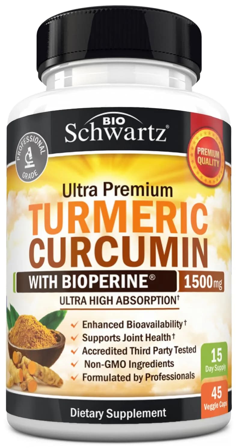 BioSchwartz Turmeric Curcumin 1500mg Capsules with Black Pepper Extract | 45 Count (1350mg Turmeric Root, 150mg Curcuminoids, 10mg BioPerine)
