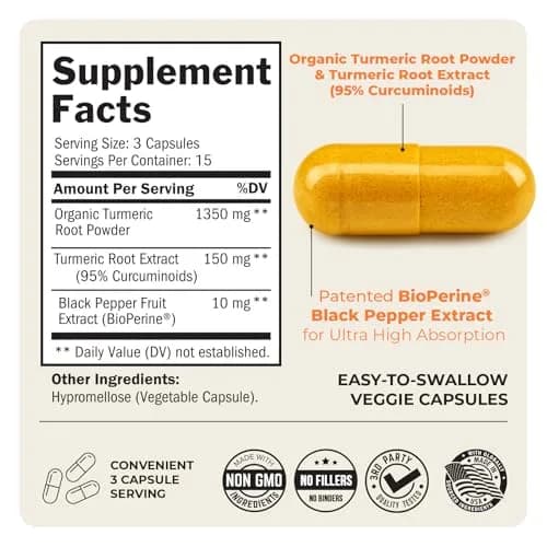 BioSchwartz Turmeric Curcumin 1500mg Capsules with Black Pepper Extract | 45 Count (1350mg Turmeric Root, 150mg Curcuminoids, 10mg BioPerine) thumbnail 4