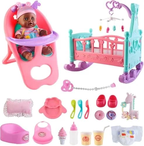 deAO Baby Doll Play Set with Crib, High Chair & Accessories, Black | 21-Piece Pretend Play Toy for Ages 3+ thumbnail 1