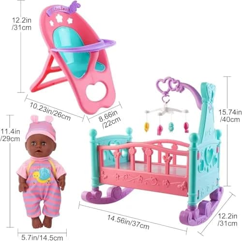 deAO Baby Doll Play Set with Crib, High Chair & Accessories, Black | 21-Piece Pretend Play Toy for Ages 3+ thumbnail 5