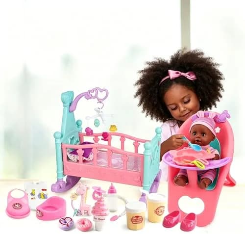 deAO Baby Doll Play Set with Crib, High Chair & Accessories, Black | 21-Piece Pretend Play Toy for Ages 3+ thumbnail 6