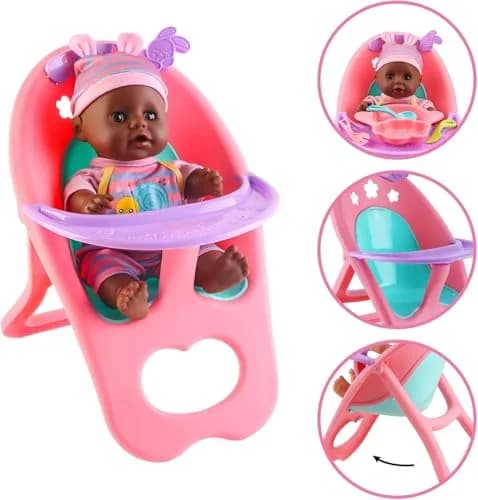 deAO Baby Doll Play Set with Crib, High Chair & Accessories, Black | 21-Piece Pretend Play Toy for Ages 3+ thumbnail 8