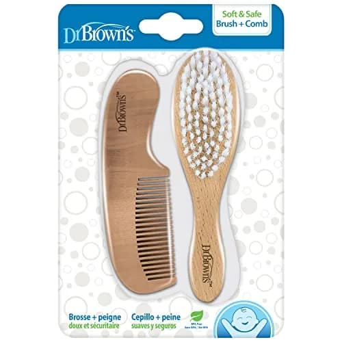 Dr. Brown's Soft and Safe Baby Brush + Comb Set | Natural Wood, Gentle Bristles for All Hair Types thumbnail 1